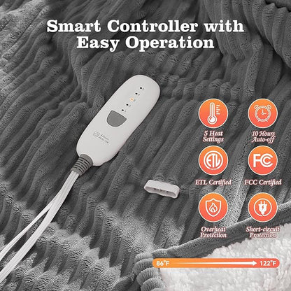 Electric Blanket Twin Size Heated Blanket - 62x84 inch Heating Blanket Twin with 5 Heat Levels & 10 Hours Auto-off, Cozy Flannel and Sherpa Fleece Heated Blankets Machine-washable, Warming Gift (Grey)