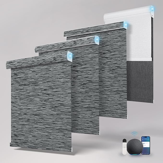 Motorized Blinds with Remote,Light Filtering Smart Roller Shades with App,Voice Control,Thermal Insulated Automatic Blinds,Electric Shades with USB/Solar Pannel.Filter Jacquard Black