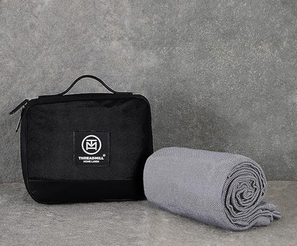 Threadmill Travel Blanket Cotton Viscose derived from Bamboo - Airplane Premium Soft Light Blanket Throw with Black Leather Bag(Grey Color) Compact & Portable Blanket for Travel, Car, Picnic & Camping