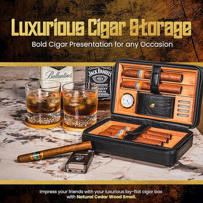 Cigar Humidor Case, Leather Cedar Wood Cigar Box with Built in Hygrometer and Humidifier, 3 in 1 Cigar Torch Lighter, V Cut and Punch Cutter, Portable Cigar Travel Humidor Kit for Men (Black)