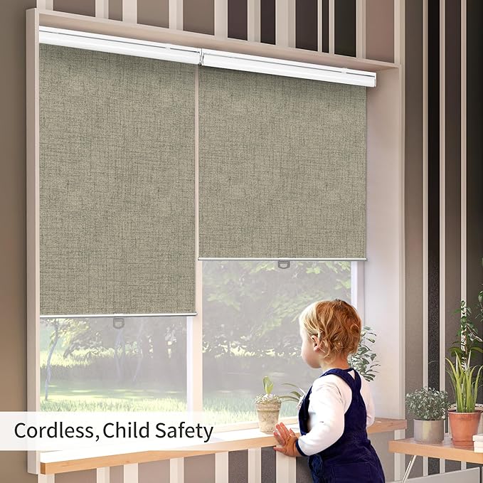 GENIMO 100% Blackout Roller Window Shades, Window Blinds Cordless with Thermal Insulated, UV Protection Fabric, Mini French Door Blinds for Home, Office, Bedroom, Easy to Install, Brown, 70" W X 72" H