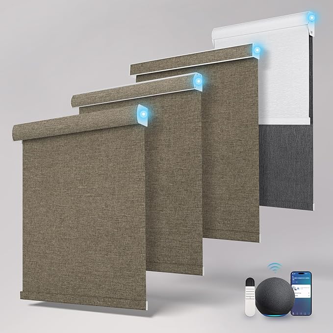 Motorized Blinds with Remote,Light Filtering Smart Roller Shades with App,Voice Control,Thermal Insulated Automatic Blinds,Electric Shades with USB/Solar Pannel.Filter Linen Brown