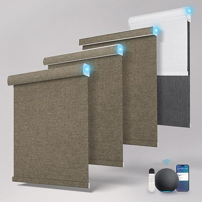 Motorized Blinds with Remote,Light Filtering Smart Roller Shades with App,Voice Control,Thermal Insulated Automatic Blinds,Electric Shades with USB/Solar Pannel.Filter Linen Brown
