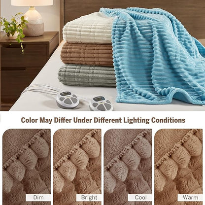 Serta Electric Blanket, Soft, Ribbed, Plush Heating Blanket King for Office, Couch, 1-12 hr Auto Shut Off Timer, 10 Lv Heating, ETL Certified, King 100"x90" Chestnut Brown