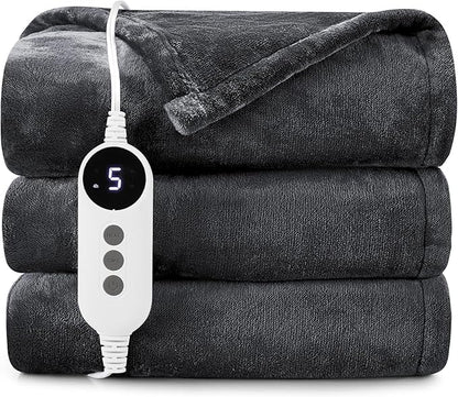 HYLEORY Heated Electric Blanket Throw, 2-Layer Cozy Warm Flannel 62" x 84", Heating Blanket with 9 Heating Levels, 2/4/6/10 Hours Auto Off, Fast Heating Winter Blanket, Dark Grey