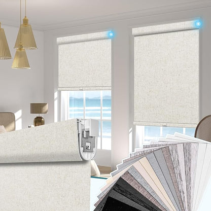 BERISSA Motorized Blinds with Remote,No Drill Dual-Control(Manual + Remote) Electric Roller Blinds for Indoor Windows,Linen Fabric,Automatic Shades for Windows Home Office,Custom Color,Custom Size