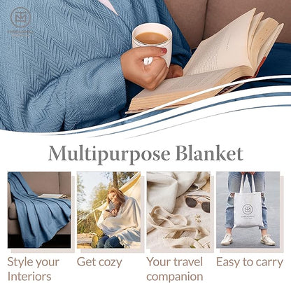 Threadmill Luxury Cotton Blankets for King Size Bed | All-Season Cozy 100% Cotton King Size Blanket | Herringbone Soft Fall Thermal Blanket fits Cal King Size Bed | Folkstone Blue
