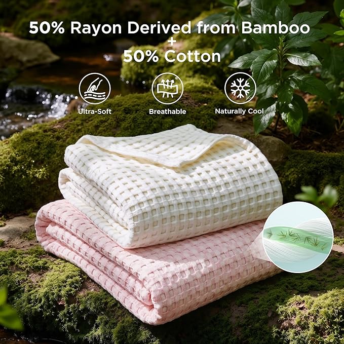 Bedsure Cooling Cotton Waffle King Size Blanket - Lightweight Breathable Blanket of Rayon Derived from Bamboo for Hot Sleepers, Luxury Throws for Bed, Couch and Sofa, Pink, 104x90 Inches