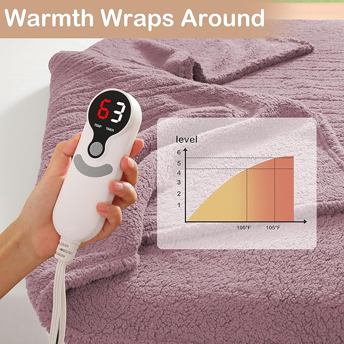 Electric Heated Blanket Queen Size 84"×90" Dual Control, 9 Heating Settings & 1-10Hs Auto Off, Overheat Protect, Double-Sided Sherpa, for Couch & Bed, Machine Washable Light Purple