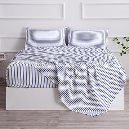 Twin Blue Striped Bed Sheet Set 3 Piece with 16-Inch Deep Pockets- Super Soft & Wrinkle Free Stripe Bed Sheets - Hotel Luxury Blue White Striped Pinstripe Bedding for All Season