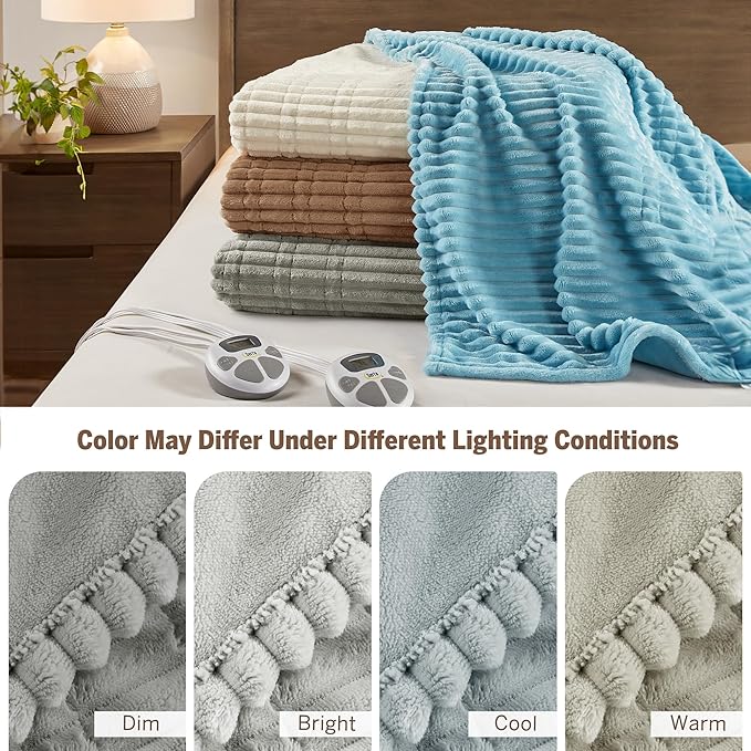 Serta Electric Blanket, Soft, Ribbed, Plush Heating Blanket King for Office, Couch, 1-12 hr Auto Shut Off Timer, 10 Lv Heating, ETL Certified, King 100"x90" Mineral Grey