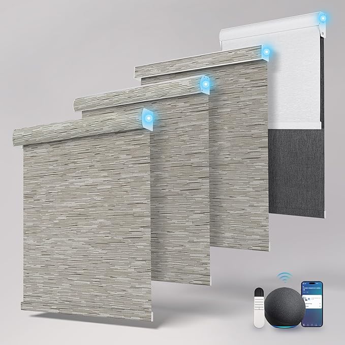 Motorized Blinds with Remote,Blackout Smart Roller Shades with App,Voice Control,Jacquard Fabric,Thermal Insulated Automatic Blinds,Electric Shades with USB/Solar Pannel.Maze Brown