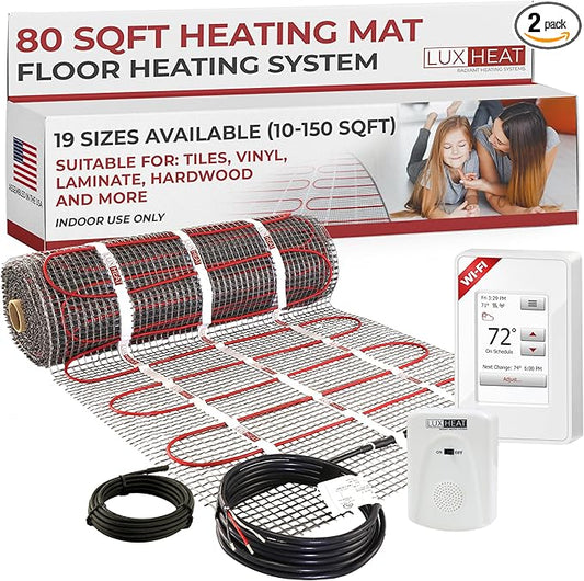 LuxHeat 80sqft Floor Heating Mat Kit - 120v Under Laminate & Tile Floor Heat Mat - Electric Radiant Heated Flooring System - Includes UWG4 WiFi Programmable Thermostat w/GFCI, Alarm & Sensor