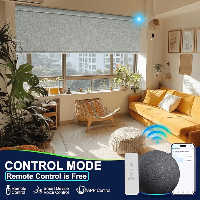 BERISSA Motorized Blinds with Remote,Blackout Smart Blinds for Windows,Linen Fabric,Remote Control,Customized Automatic Shades,Electric Shades with USB/Solar Pannel.Grey