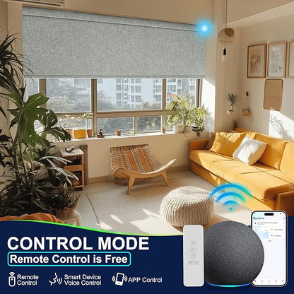 BERISSA Motorized Blinds with Remote,Blackout Smart Blinds for Windows,Linen Fabric,Remote Control,Customized Automatic Shades,Electric Shades with USB/Solar Pannel.Grey