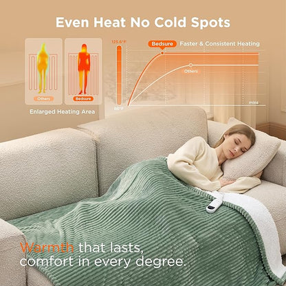 Bedsure GentleSoft Heated Blanket Throw - Soft Ribbed Flannel Electric Blanket, Heating with 4 Time Settings, 6 Heat Settings, and 3 hrs Timer Auto Shut Off, Gifts for Grandma (50x60 inches, Green)
