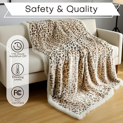 Electric Heated Blanket Queen Size 84"x90" - Microplush & Sherpa Fabric Dual-Sided, 9 Heat Settings & 10 Hours Auto Off, Cozy Warming Throw for Office or Bed, Machine Washable, Beige Leopard Print