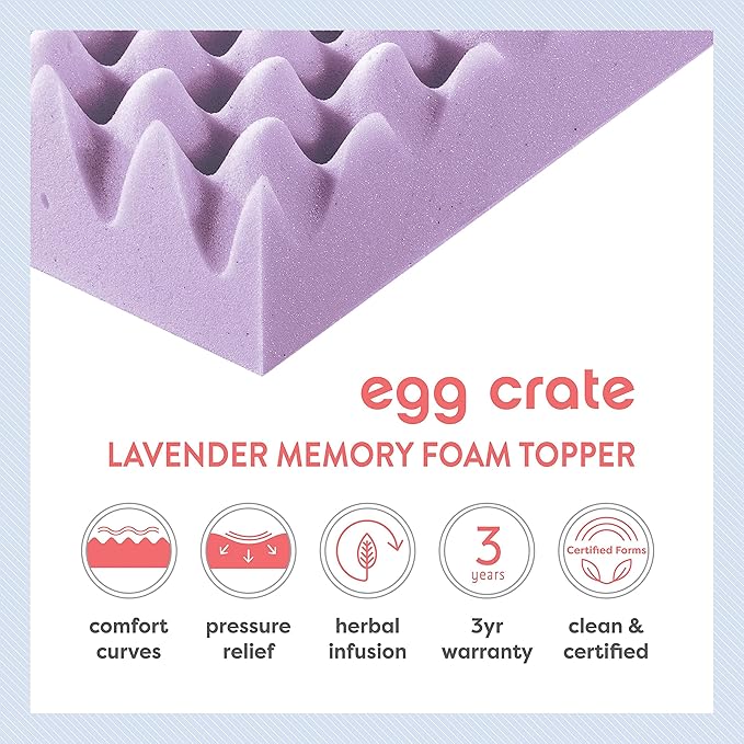 Best Price Mattress 4 Inch Egg Crate Memory Foam Mattress Topper with Soothing Lavender Infusion, CertiPUR-US Certified, Dorm Essentials, Twin XL