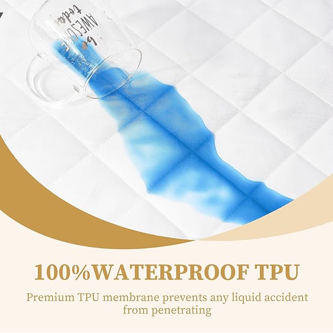 Quilted Fitted Queen Mattress Pad Cover, Waterproof Mattress Protector, Deep Pocket Elastic Fits Up to 21'', Breathable Soft Alternative Filling Mattress Pad