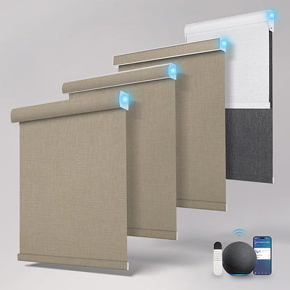 BERISSA Motorized Blinds with Remote,Blackout Smart Roller Shades with App,Voice Control,Linen Fabric,Thermal Insulated Automatic Blinds,Electric Shades with USB/Solar Pannel.Double-Sided Brown