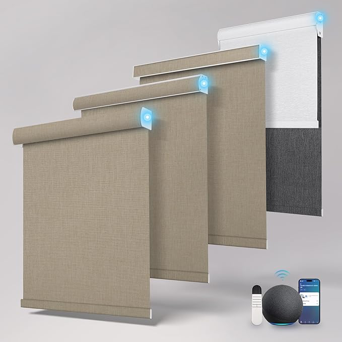 Motorized Blinds with Remote,Blackout Smart Roller Shades with App,Voice Control,Linen Fabric,Thermal Insulated Automatic Blinds,Electric Shades with USB/Solar Pannel.Double-Sided Brown