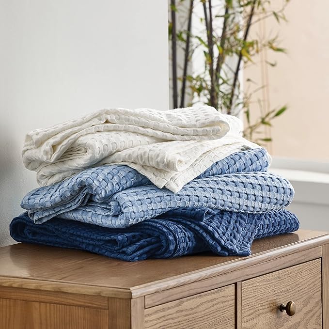 Bedsure Cooling Cotton Waffle King Size Blanket - Lightweight Breathable Spring Blanket of Rayon Derived from Bamboo for Hot Sleepers, Luxury Throws for Bed, Couch and Sofa, Ivory, 104x90 Inches