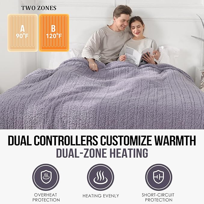 Queen Heated Blanket, Queen Size Electric Blanket with Dual Control of 5 Heating Levels & 10 Hours Auto Off Heating Electric Blanket with Overheat Protection for Home Bedding, 84"x90", Gray Violet