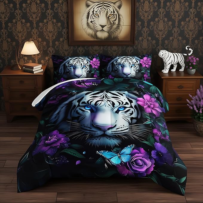 Wild Animal Themed Comforter Set Queen Size,White Leopard Floral Print Bedding Sets for Kids Teens Room Decor,Gothic Bedding All Season with 2 Pillowcases.