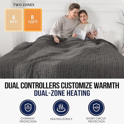 Queen Heated Blanket, Electric Blanket Dual Control with 5 Heating Levels & 10 Hours Auto Off, Ultra Soft Fuzzy Washable Heating Blanket Queen with ETL Certified, 84"x90", Dark Gray