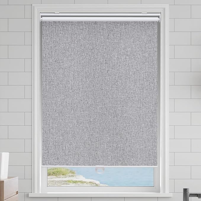 Cordless Roller Shades Blackout Blinds for Windows Room Darkening Rolled Up Shades with Spring System, UV Protection Natural Linen Fabric Window Shades Door Blinds for Home,32" W x 72" H, Heather Grey