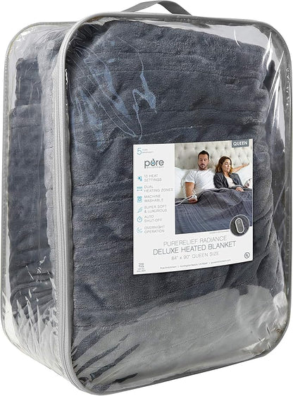Pure Enrichment PureRelief Deluxe Heated Blanket - 10 Heat Settings, Super Soft Micromink Velvet Fabric, LCD Controller, Auto Shut-Off Timer, Machine Washable - Queen Size Electric Blanket