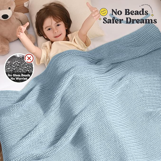 Guohaoi Knitted Weighted Blanket Kids (Haze Blue 50"x60" 7lbs) No Beads Cooling Heavy Blanket, Home Decor Breathable Chunky Knit Throw Blanket for All-Season Use