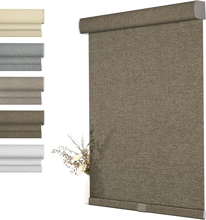 BERISSA Light Filtering Roller Shades for Windows,Cordless Roller Window Shades with Cassette Valance,Linen Roller Blinds,Thermal Insulation Window Shades for Home Door Office. Brown. Custom Sizes