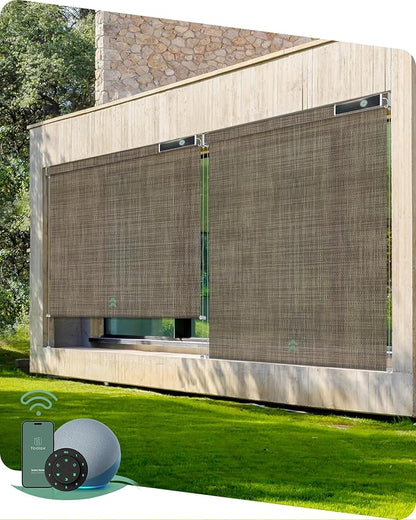 Yoolax Customized Motorized Outdoor Shades, Smart Blinds Compatible with Alexa Google, Remote Control Waterproof Blinds for Patio Porch Windows Outside (5% Openness Minty Oat Latte)