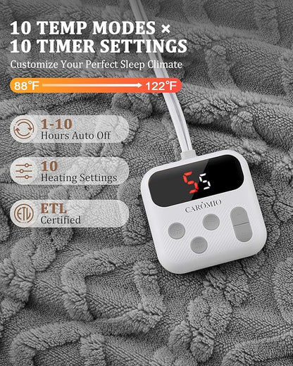 CAROMIO Electric Blanket Twin Size - Thick Tufted Sherpa Heated Blanket Twin with 10 Heating Levels and 10 Time Settings, ETL Certified Machine Washable Fast Heating Blanket Twin 62"×84", Grey