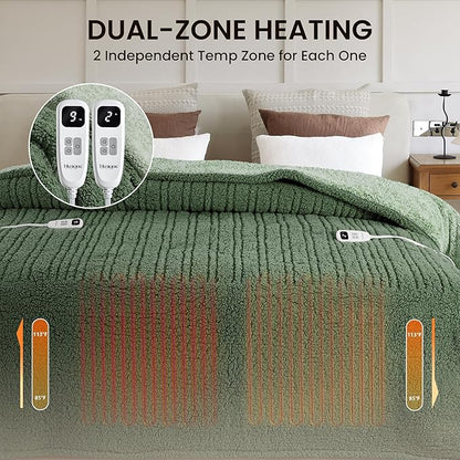 Heated Blanket Electric Blanket Queen - Fast Heating Blanket Throw Dual Control Double Sided Sherpa with 10 Heating Levels & 2-10 Hours Auto Off, Mashine Washable, 84 x 90 Inches, Sage&Green