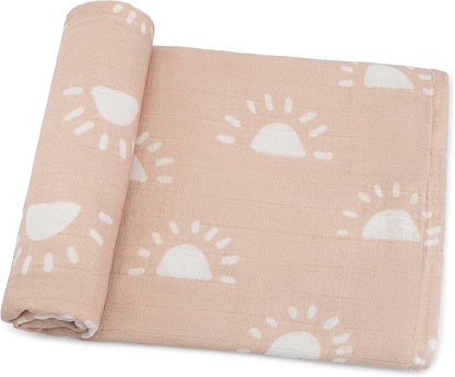 Comfy Cubs Muslin Swaddle Blankets Pack of 1, 47 x 47 Inch Soft Cotton Baby Blanket Set, Large Multipurpose Wraps for Newborns - Self-Soothing Swaddles for Newborns - Blush Sun