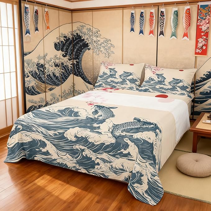 Manfei Waves Sheet Set Queen,Koi Cherry Blossom Sunrise Bed Sheet 4pcs with Deep Pocket Fitted Sheet + Flat Sheet + 2 Pillowcases Japanese Art Landscape Romantic Bedding Set for Kids Teens Room Decor