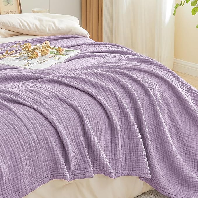 EMME Cotton Throw Blanket for Couch Soft Airy Muslin Bed Blankets Lightweight Breathable Blanket All Season Gauze Blanket, Lavender