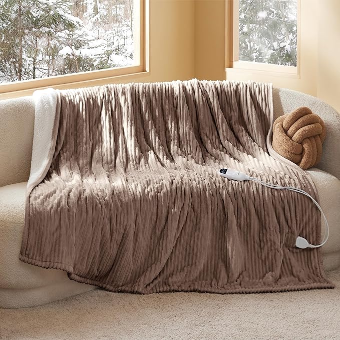 Bedsure GentleSoft Electric Blanket Full Size - Soft Ribbed Flannel Heated Blanket with 6 Heat Settings, Heating with 10 Time Settings, 8 hrs Timer Auto Shut Off, Gifts for Grandma (72"x84", Brown)