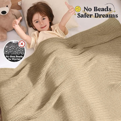 Guohaoi Knitted Weighted Blanket Kids (Beige 50"x60" 10lbs) No Beads Cooling Heavy Blanket, Home Decor Breathable Chunky Knit Throw Blanket for All-Season Use