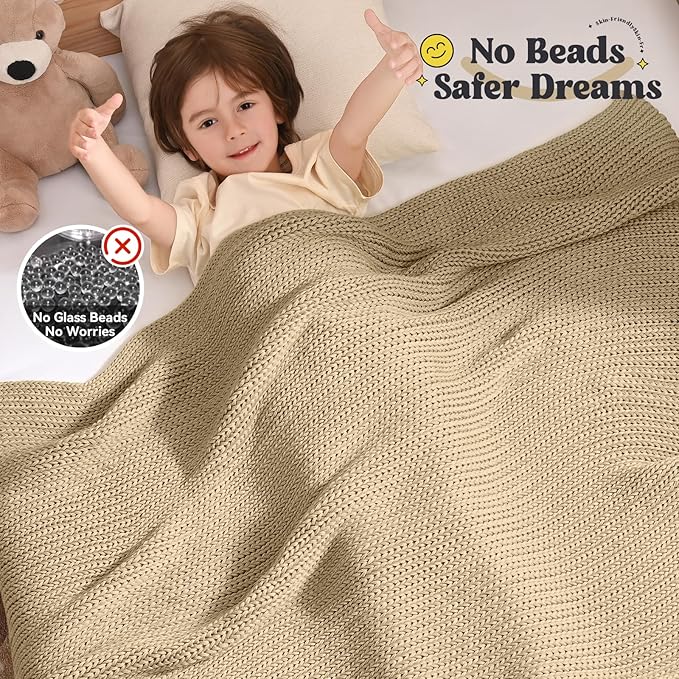 Guohaoi Knitted Weighted Blanket Kids (Beige 50"x60" 7lbs) No Beads Cooling Heavy Blanket, Home Decor Breathable Chunky Knit Throw Blanket for All-Season Use