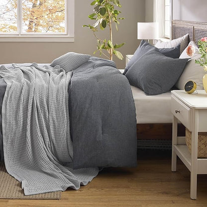 Bedsure 5 Pieces Cotton Comforter Set with Waffle Throw Blanket - Soft Breathable Bedding Set for All Seasons, Dark Grey Queen Comforter, Pillow Shams, Grey 100% Cotton Blanket, Throw Pillow