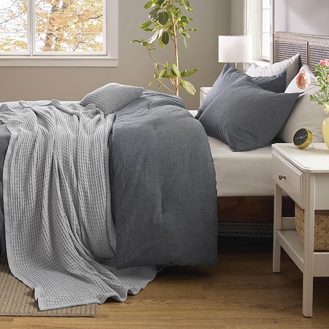 Bedsure 5 PCS Cotton Comforter Set with Waffle Throw Blanket - Soft Breathable Bedding Set for All Seasons, Dark Grey Comforter Full Size, Pillow Shams, Grey 100% Cotton Blanket, Throw Pillow