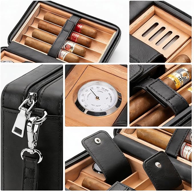 Cigar Humidor, Leather Cedar Wood Cigar Case with Multi-Functional，Hygrometer,Humidifier, Portable Cigar humidor,Carry Strap,Travel humidor Cigar Box, Cigar Gift for Man.