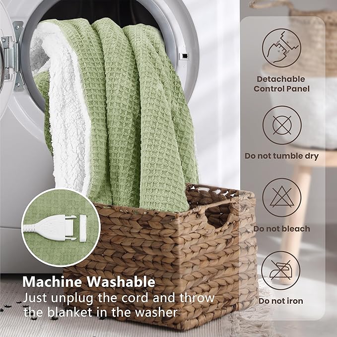 Heated Blanket Electric Blanket King Waffle, 90x100 Inches Dual Controllers Sherpa Fleece Fast Heating Blanket 6 Heating Levels & 10 Hours Auto Off ETL Certification, Sage King