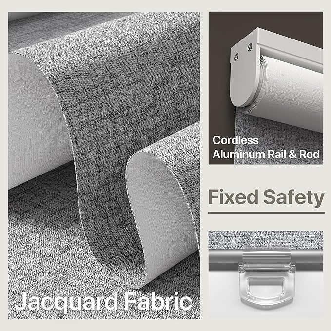 GENIMO 100% Blackout Roller Window Shades, Window Blinds Cordless with Thermal Insulated, UV Protection Fabric, Mini French Door Blinds for Home, Office, Bedroom, Easy to Install, Grey, 63" W X 72" H