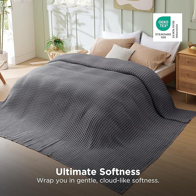 Bedsure Cooling Cotton Waffle Oversized King Blanket - Lightweight Breathable Blankets Rayon Derived from Bamboo for Hot Sleepers, Luxury Throws for Bed and Sofa Dark Grey, 120x96 Inches