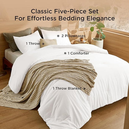 Bedsure 5 Pieces Cotton Comforter Set with Cotton Waffle Throw Blanket - White Comforter King Size, Pillow Shams, Taupe Cooling Blanket of Rayon Derived from Bamboo for Hot Sleepers, Throw Pillow