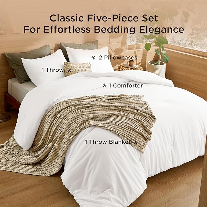 Bedsure 5 Pieces Cotton Comforter Set with Cotton Waffle Throw Blanket - White Comforter Full Size, Pillow Shams, Taupe Cooling Blanket of Rayon Derived from Bamboo for Hot Sleepers, Throw Pillow